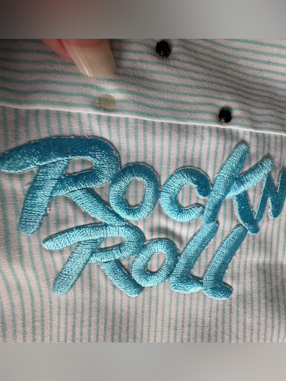 Las Olas Blue and White Stripe 50's Theme Button Up Shirt Retro Artsy Size XL - Picture 13 of 16